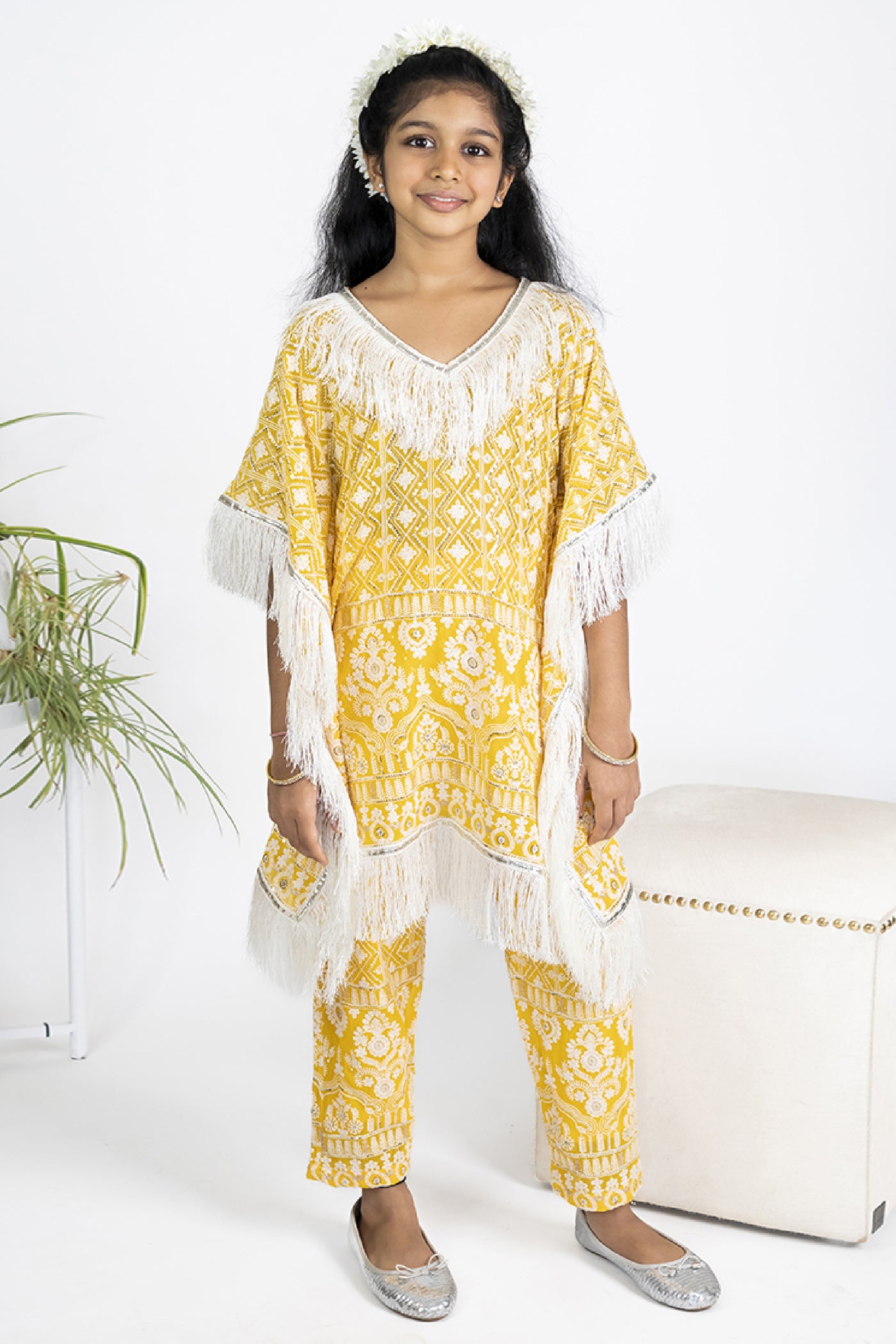 The Story Brand Chikkankari Kaftan Set With Ankle Pants In Mango indian designer wear online shopping melange singapore