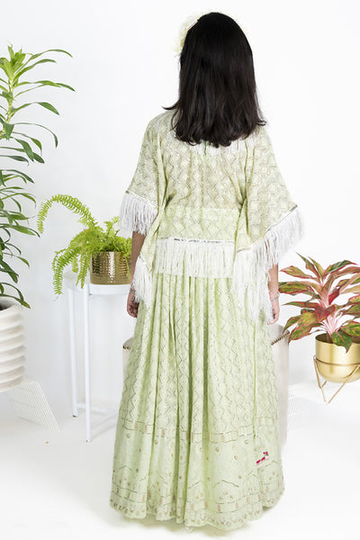 The Story Brand Chikkankari Lehenga Set With Kaftan Top In Pistachio indian designer wear online shopping melange singapore