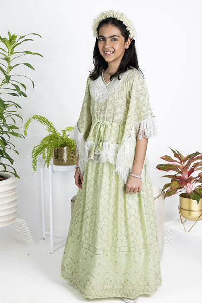 The Story Brand Chikkankari Lehenga Set With Kaftan Top In Pistachio indian designer wear online shopping melange singapore