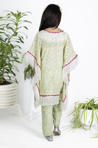 The Story Brand Chikkankari Short Kaftan With Pants In Pistachio indian designer wear online shopping melange singapore