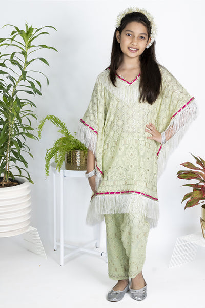 The Story Brand Chikkankari Short Kaftan With Pants In Pistachio indian designer wear online shopping melange singapore