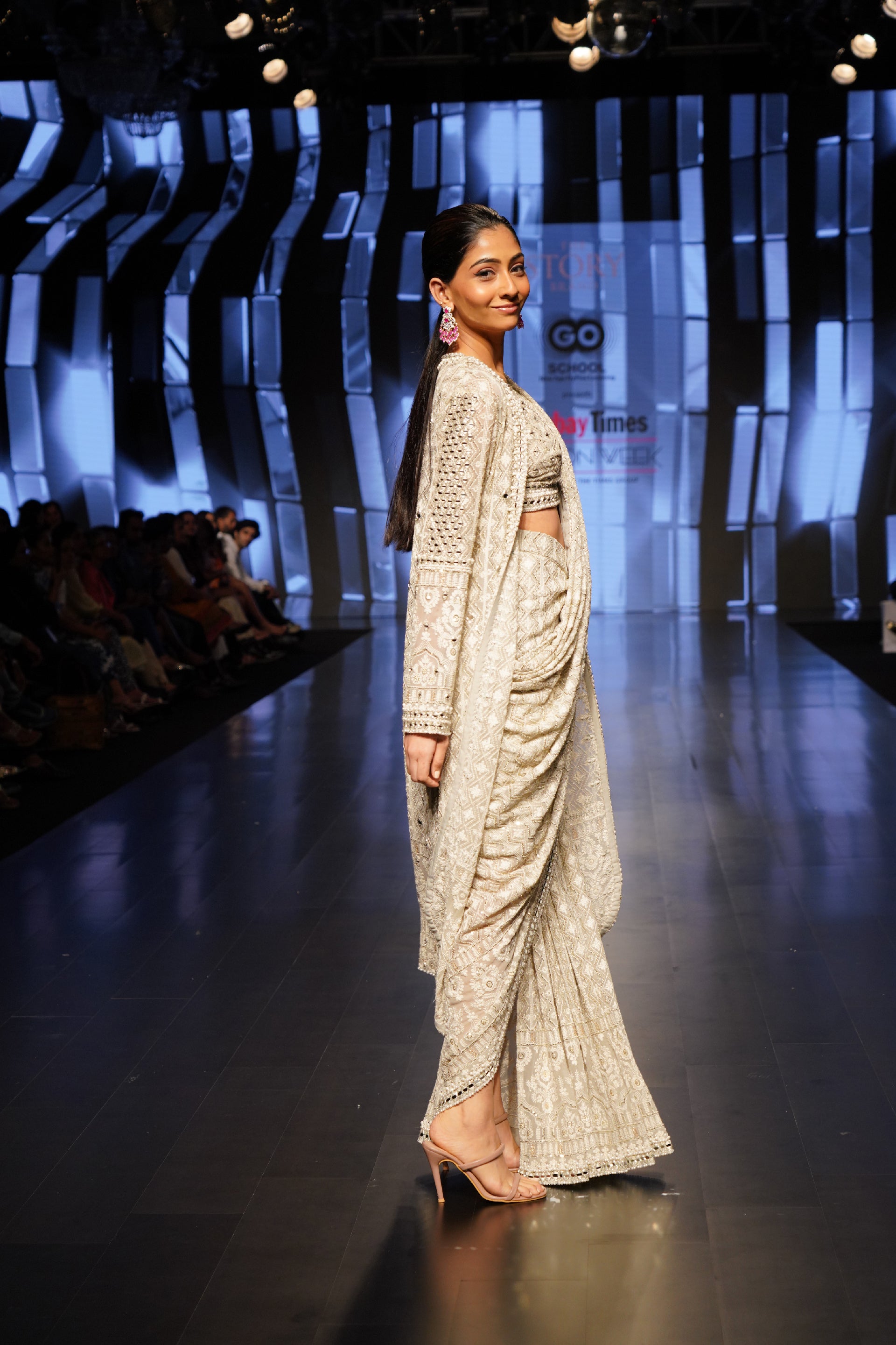 The Story Brand Dusty Grey Pearl And Mirror Embellished Long Cape Bralette Top And A Saree With No Pallav indian designer wear online shopping melange singapore