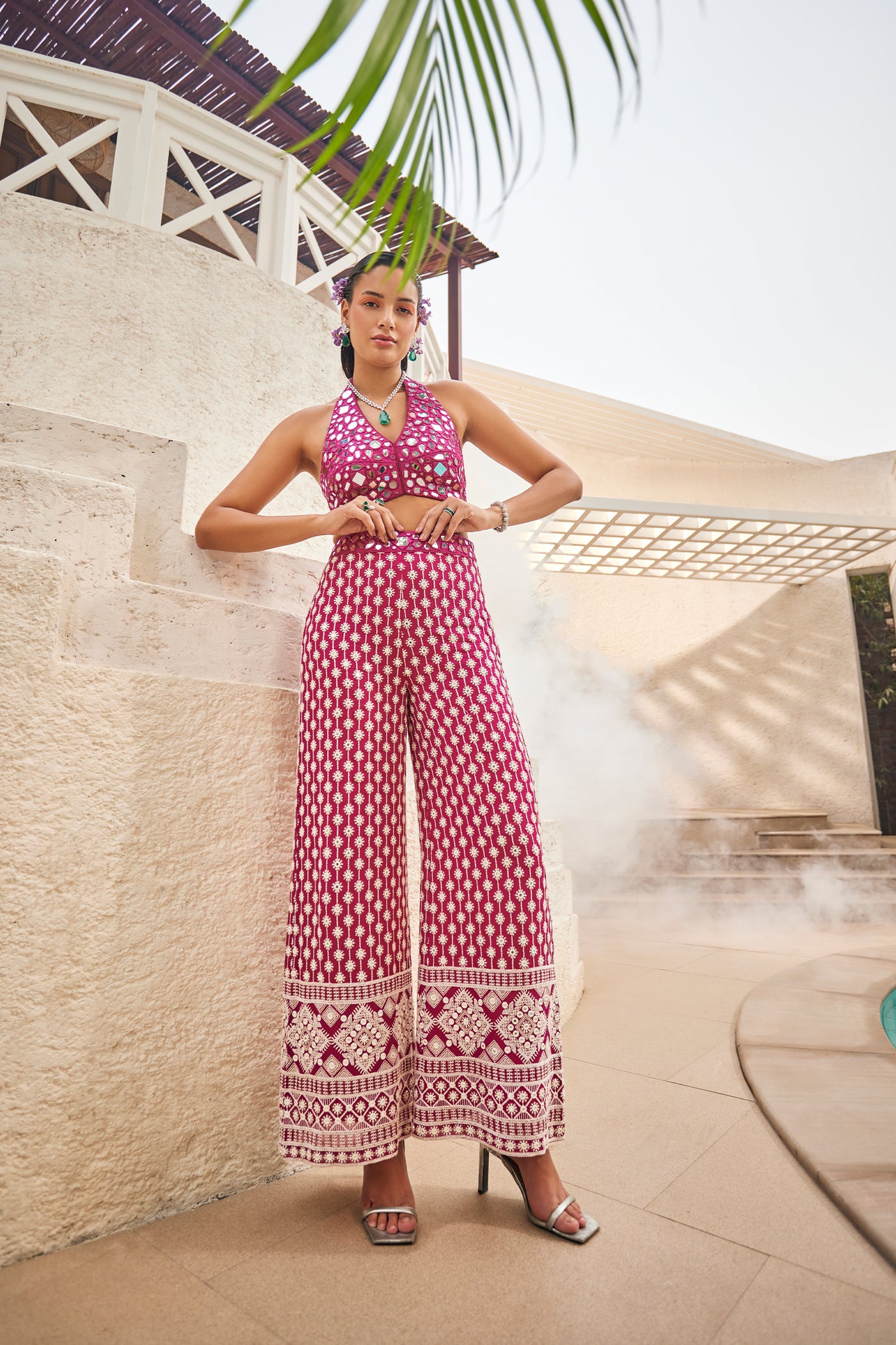 The Story Brand Jen Halter Top With Palazzo Pants In Rubis indian designer wear online shopping melange singapore