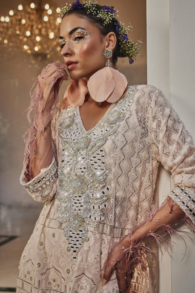 The Story Brand Kiara Slim Tunic With Gota And Mirror Yolk And Palazzos In Blush Indian designer wear online shopping melange singapore