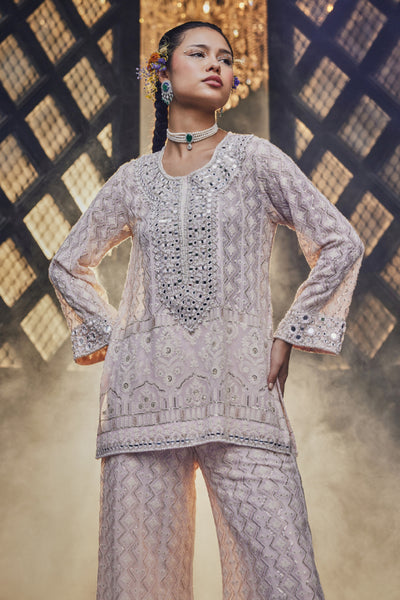 The Story Brand Kiara Slim Tunic With Long Mirror Yoke And Palazzos In Blush Indian designer wear online shopping melange singapore