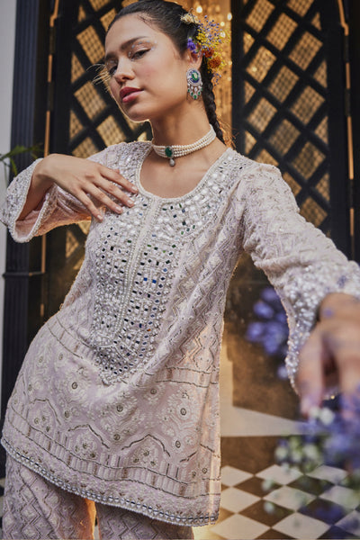 The Story Brand Kiara Slim Tunic With Long Mirror Yoke And Palazzos In Blush Indian designer wear online shopping melange singapore