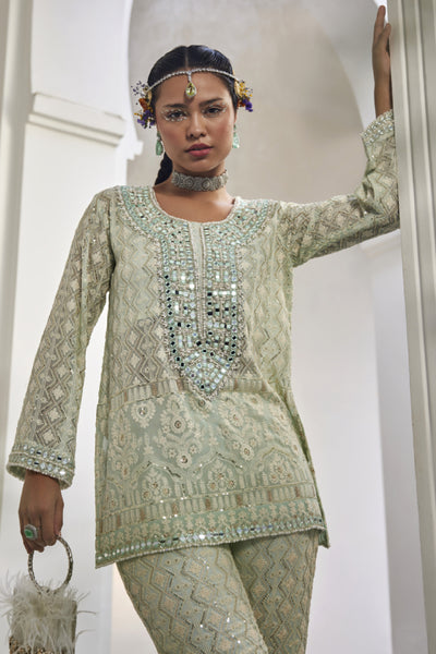 The Story Brand Kiara Slim Tunic With Long Mirror Yolk And Narrow Mirror Pants In Sky Indian designer wear online shopping melange singapore