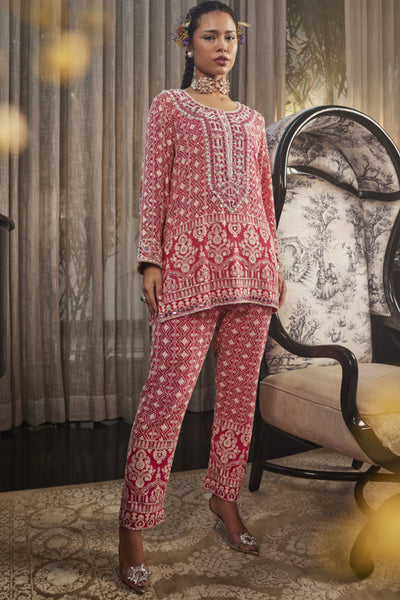 The Story Brand Kiara Slim Tunic With Long Mirror Yolk And Narrow Pants In Fuchsia Indian designer wear online shopping melange singapore