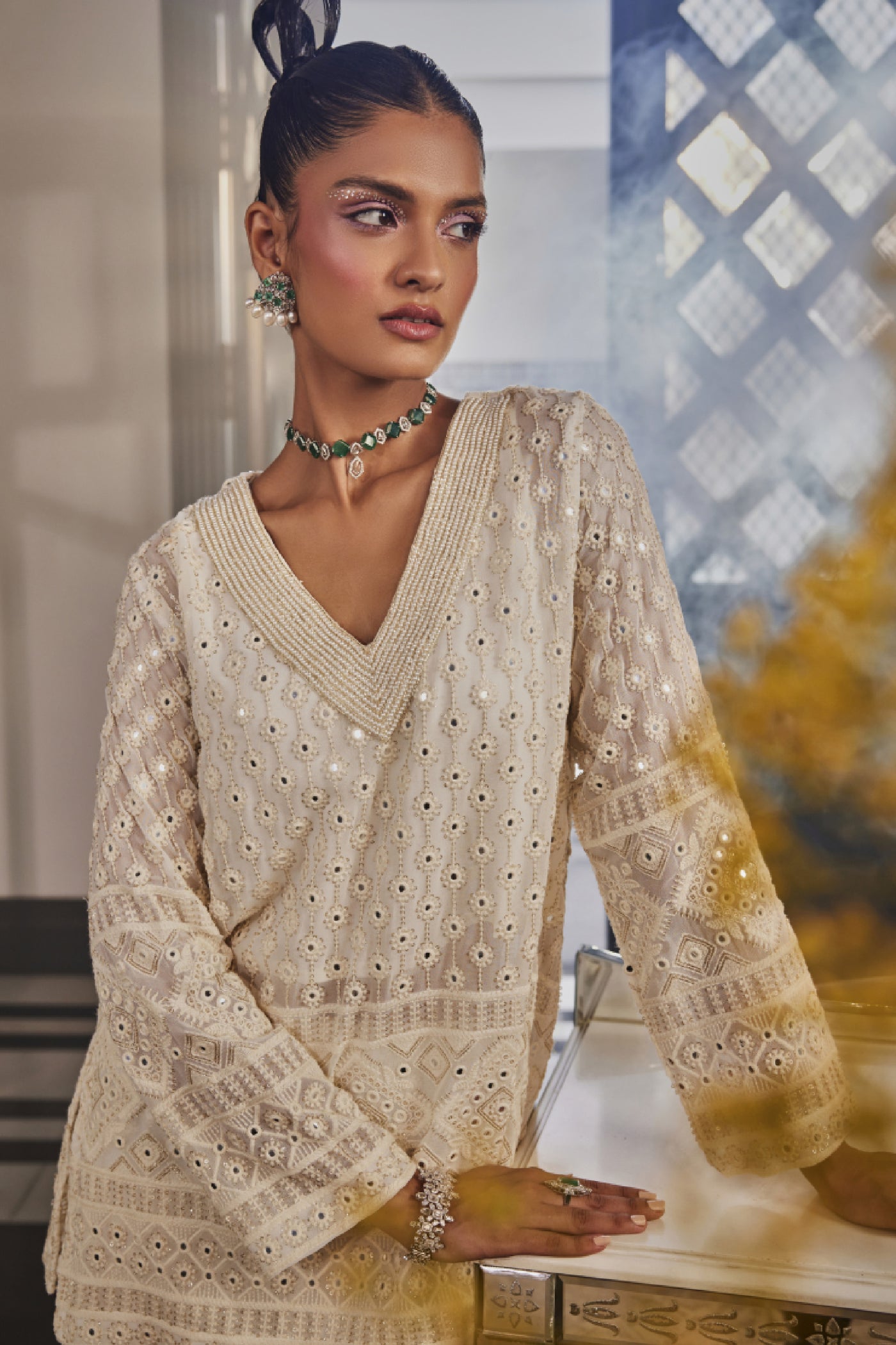 The Story Brand Kiara Slim Tunic With Pearl Neck And Palazzos In Ivory Indian designer wear online shopping melange singapore