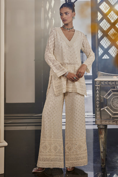 The Story Brand Kiara Slim Tunic With Pearl Neck And Palazzos In Ivory Indian designer wear online shopping melange singapore