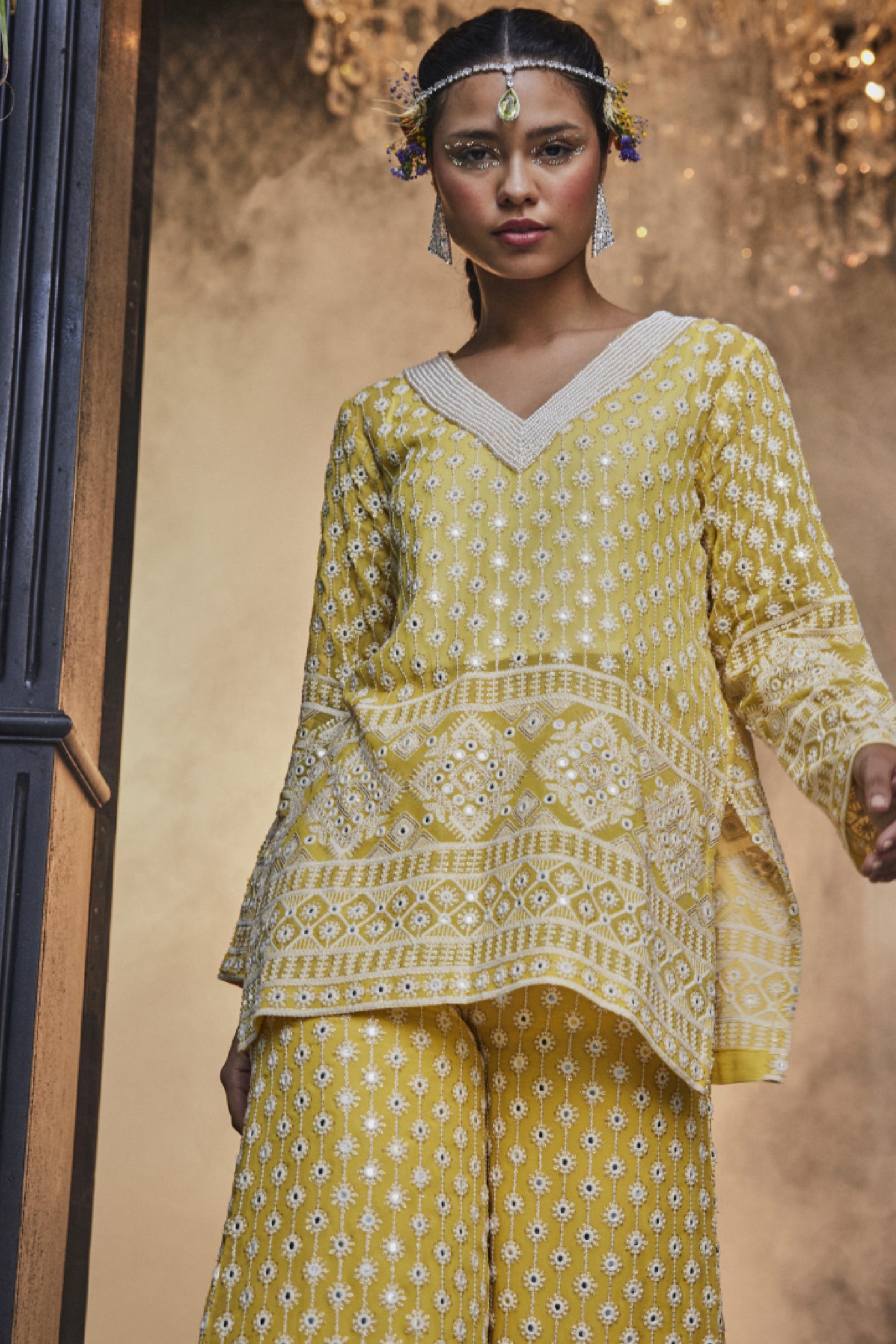 The Story Brand Kiara Slim Tunic With Pearl Neck And Palazzos In Mango Indian designer wear online shopping melange singapore
