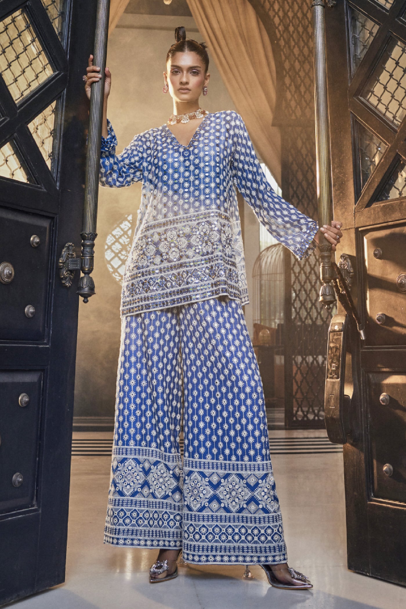 The Story Brand Kiara Slim Tunic With Stardust Mirror And Palazzos In Cobalt Indian designer wear online shopping melange singapore