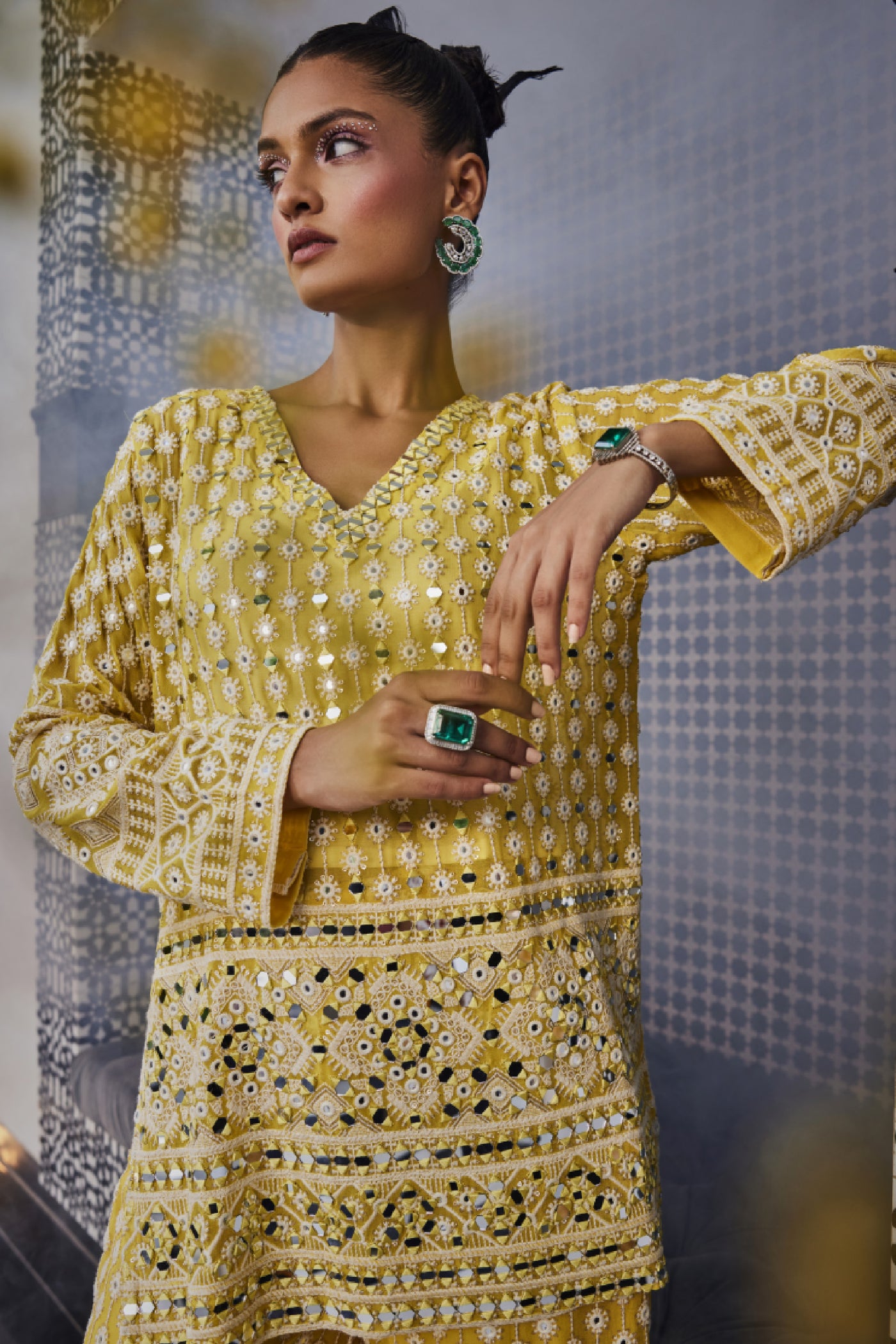 The Story Brand Kiara Slim Tunic With Stardust Mirror And Palazzos In Mango Indian designer wear online shopping melange singapore