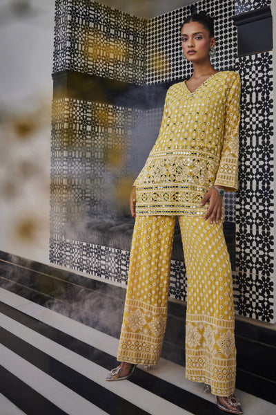 The Story Brand Kiara Slim Tunic With Stardust Mirror And Palazzos In Mango Indian designer wear online shopping melange singapore