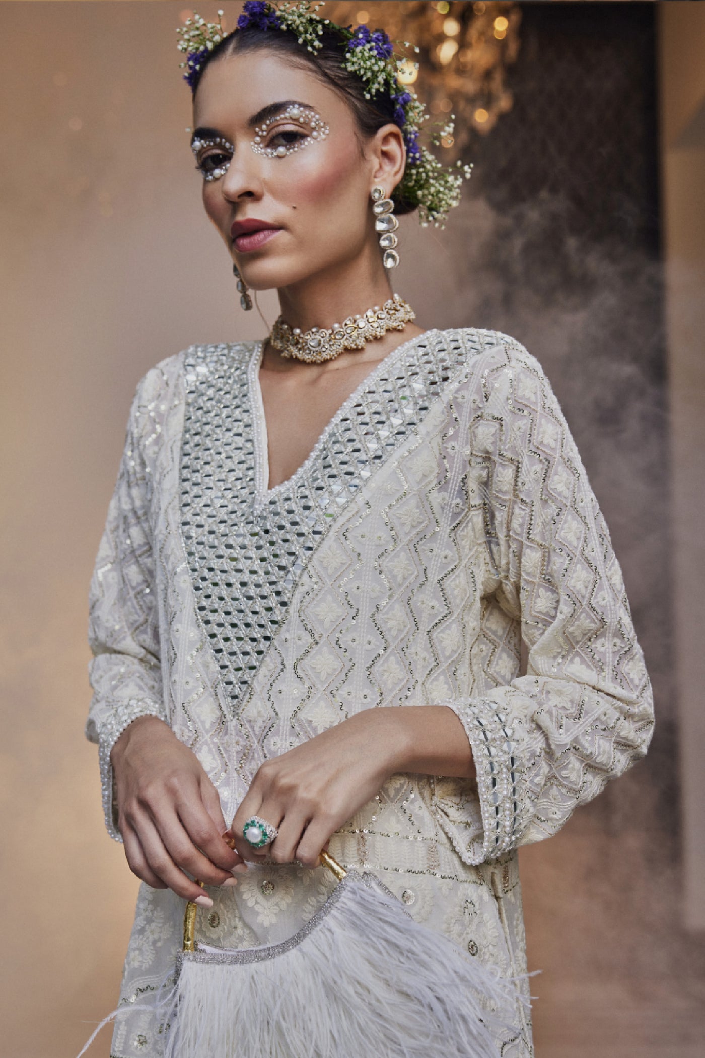 The Story Brand Kiara Slim Tunic With V Neck Mirror And Palazzos In Ivory Indian designer wear online shopping melange singapore