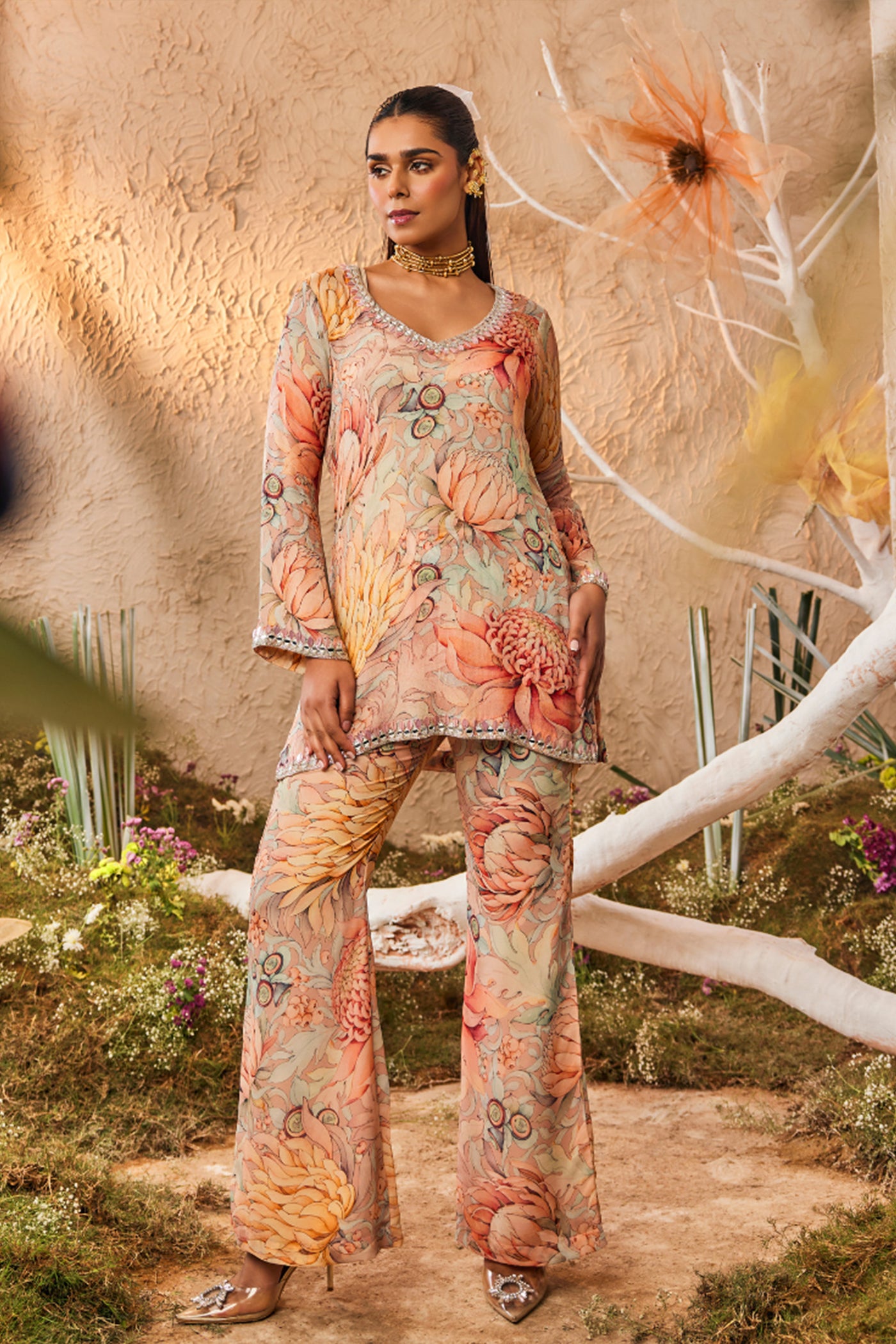 The Story Brand Kiara Slim Tunic with Palazzo Pants in Pink indian designer wear online shopping melange singapore