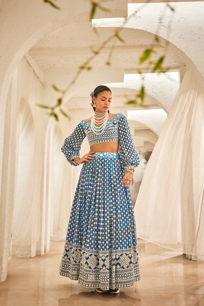 The Story Brand Lara Top With Stardust Lehenga In Azure indian designer wear online shopping melange singapore