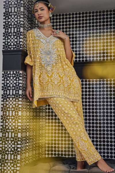 The Story Brand Leila Relaxed Fit Tunic With Gota And Mirror Yolk And Narrow Pants In Mango Indian designer wear online shopping melange singapore