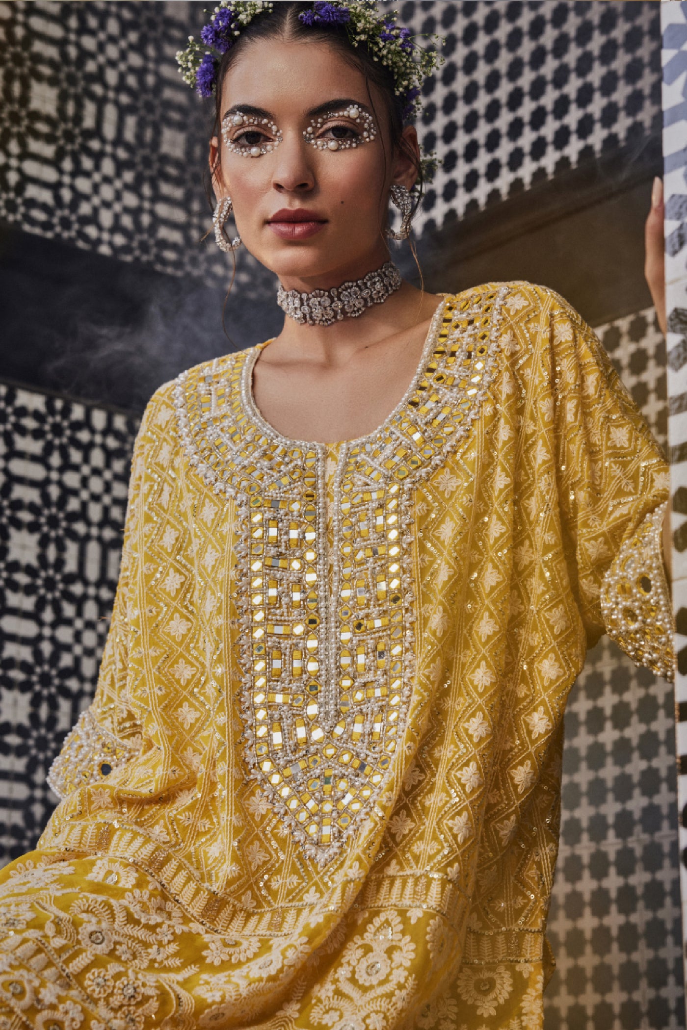 The Story Brand Leila Relaxed Fit Tunic With Long Mirror Yolk And Narrow Pants In Mango Indian designer wear online shopping melange singapore
