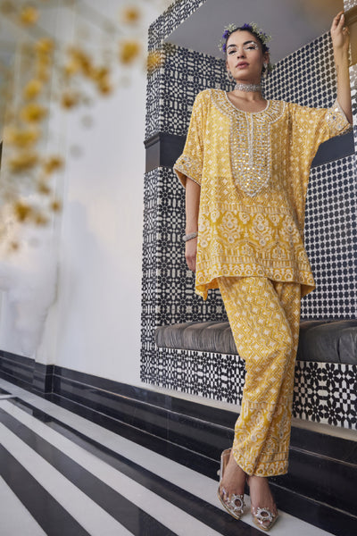 The Story Brand Leila Relaxed Fit Tunic With Long Mirror Yolk And Narrow Pants In Mango Indian designer wear online shopping melange singapore