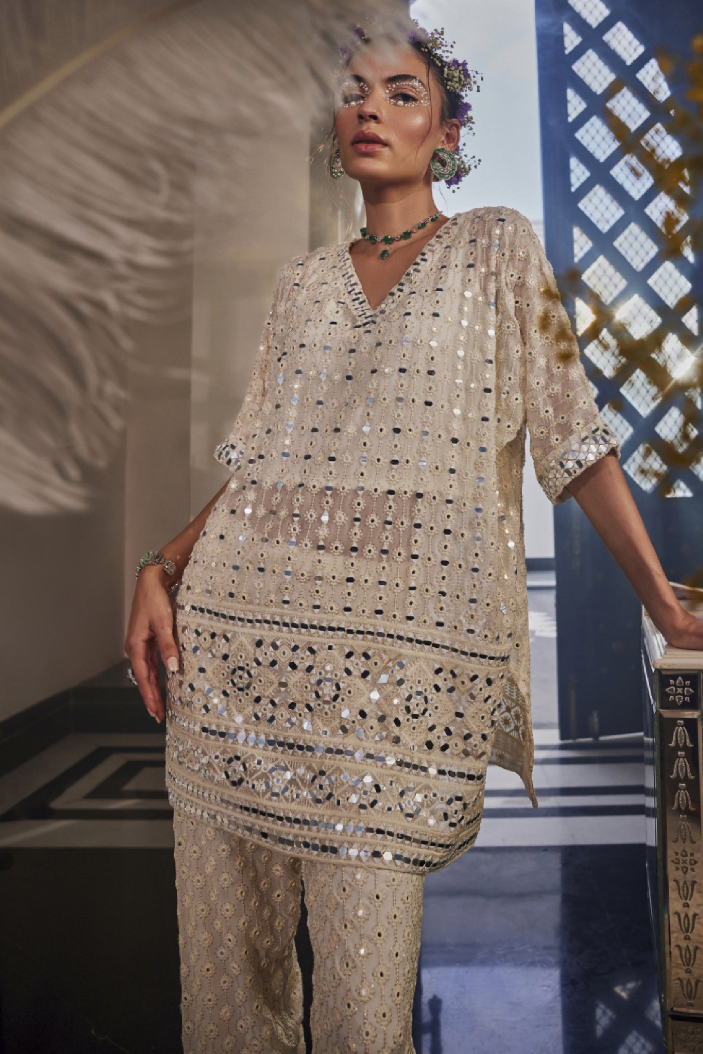 The Story Brand Leila Relaxed Fit Tunic With Stardust Mirror And Narrow Pants In Ivory Indian designer wear online shopping melange singapore