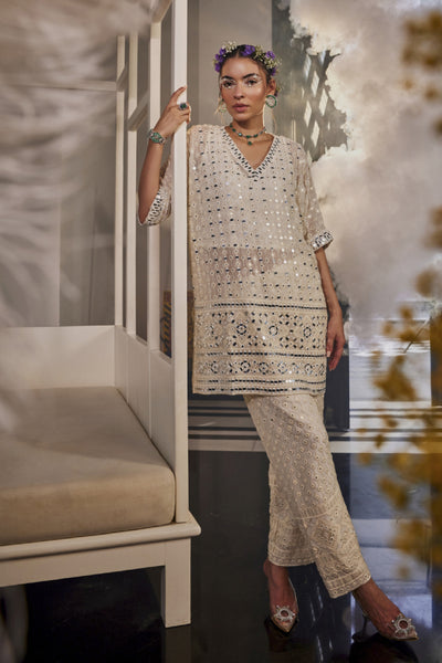 The Story Brand Leila Relaxed Fit Tunic With Stardust Mirror And Narrow Pants In Ivory Indian designer wear online shopping melange singapore