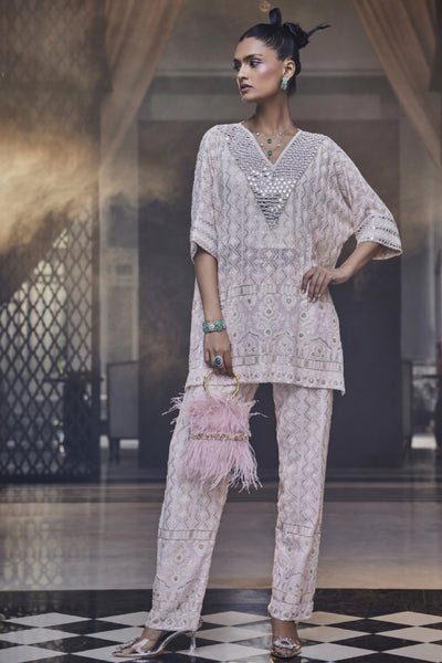 The Story Brand Leila Relaxed Fit Tunic With V Neck Mirror And Narrow Pants In Blush Indian designer wear online shopping melange singapore