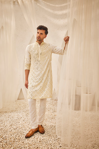 The Story Brand Menswear Lorenzo Mirror Kurta In Blanche Ivory indian designer wear online shopping melange singapore