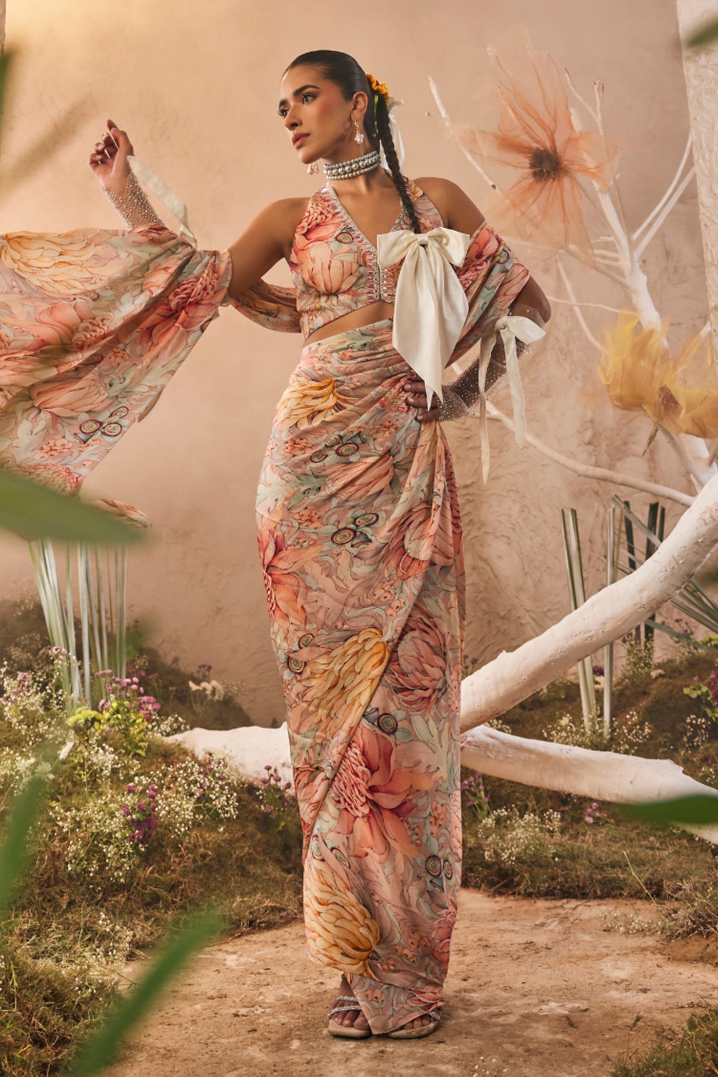 The Story Brand Mari Draped Sari with Blouse in White indian designer wear online shopping melange singapore