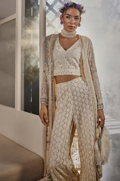 The Story Brand Mila Cape With A Sleeveless Top And Palazzos In Ivory Indian designer wear online shopping melange singapore