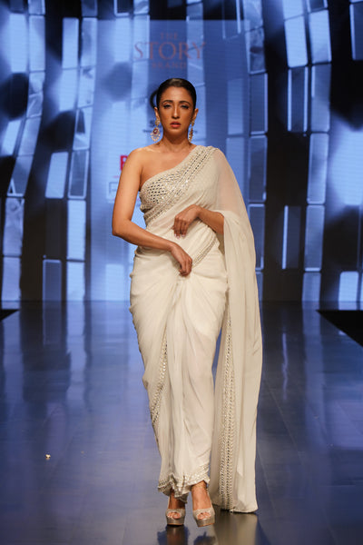The Story Brand Mirror Embellished One Shoulder Blouse And An Ivory Saree With Mirrors indian designer wear online shopping melange singapore