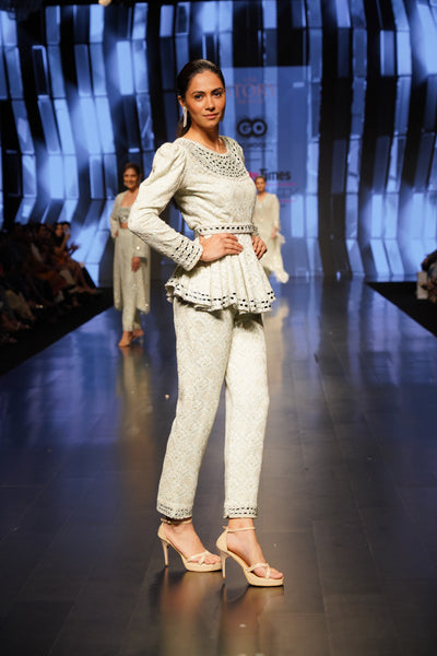 The Story Brand Powder Blue Pearl And Mirror Embellished Peplum Top Belt And Matching Pants indian designer wear online shopping melange singapore