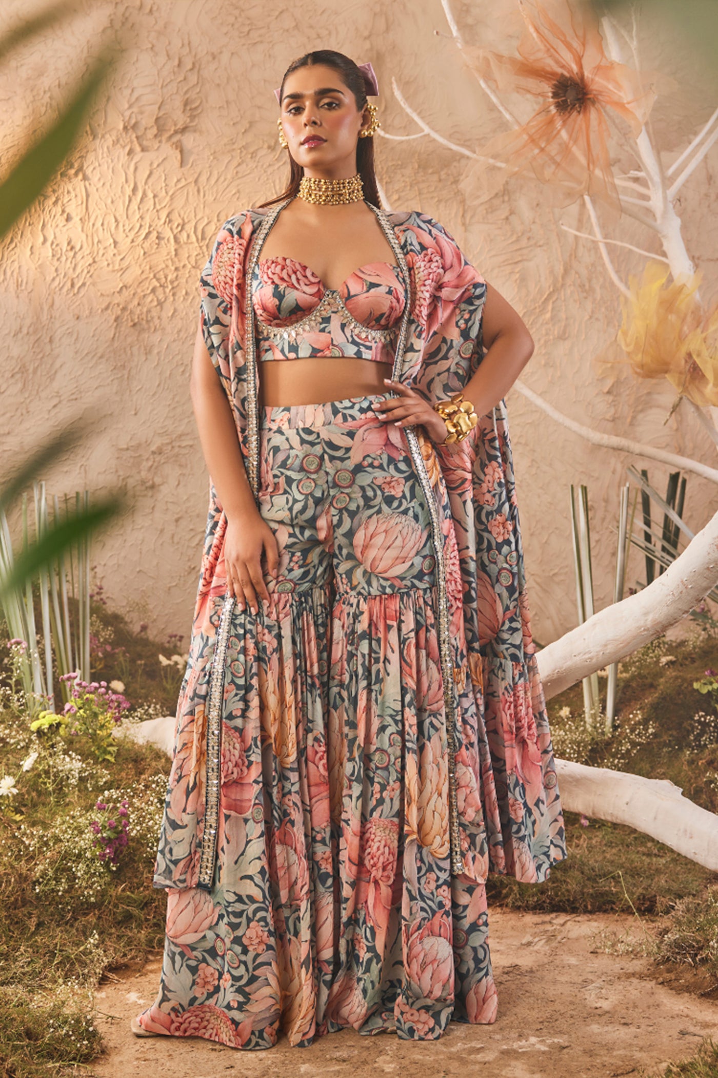 The Story Brand Sara Cape Set with Corset and Sharara Pants indian designer wear online shopping melange singapore