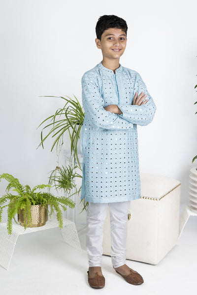 The Story Brand Stardust Kurta Set In Sky Blue Mirror Jaal indian designer wear online shopping melange singapore