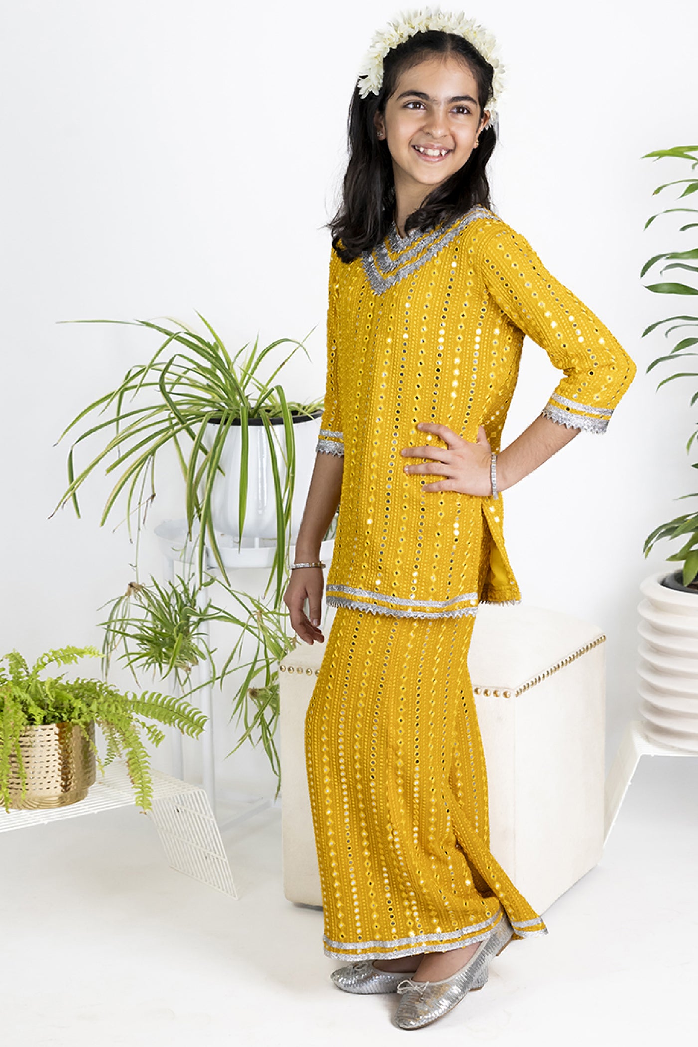 The Story Brand Stardust Short Kurta And Palazzo Set In Mango Foil Mirror indian designer wear online shopping melange singapore