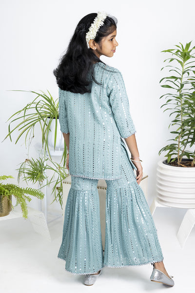 The Story Brand Stardust Short Kurta With Sharara Pants In Sky Foil Mirror indian designer wear online shopping melange singapore