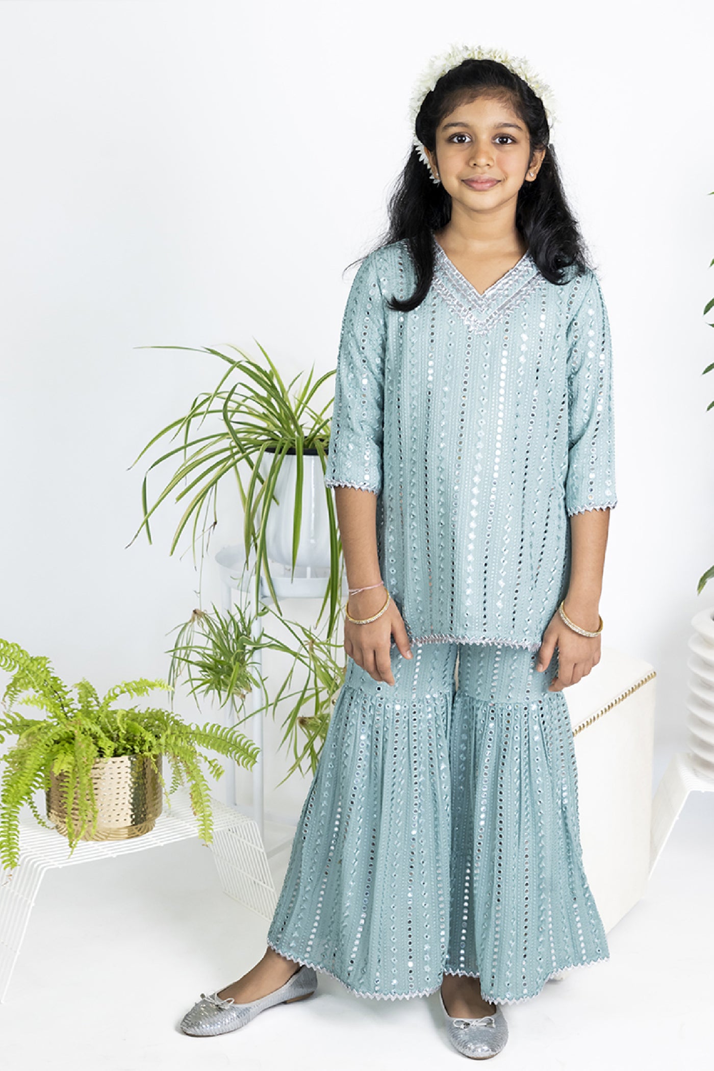 The Story Brand Stardust Short Kurta With Sharara Pants In Sky Foil Mirror indian designer wear online shopping melange singapore