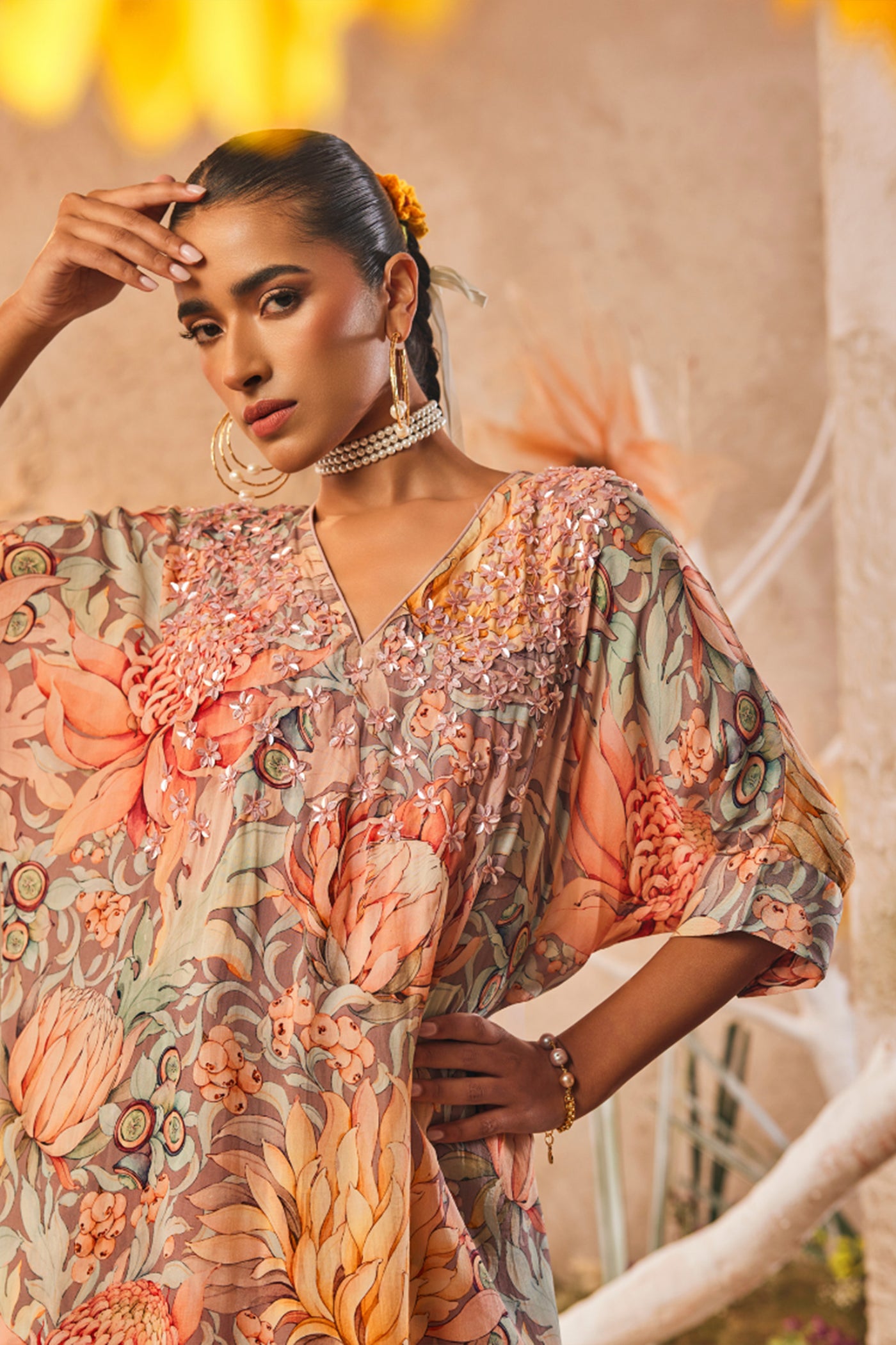 The Story Brand Thea Kaftan Tunic with Pants in White indian designer wear online shopping melange singapore