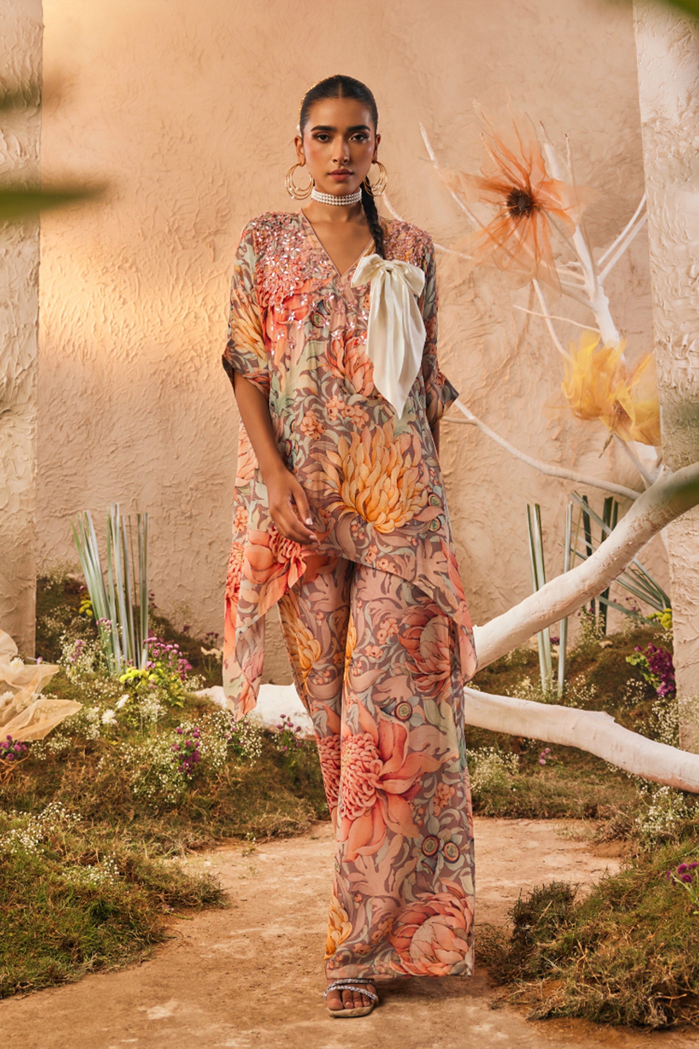The Story Brand Thea Kaftan Tunic with Pants in White indian designer wear online shopping melange singapore