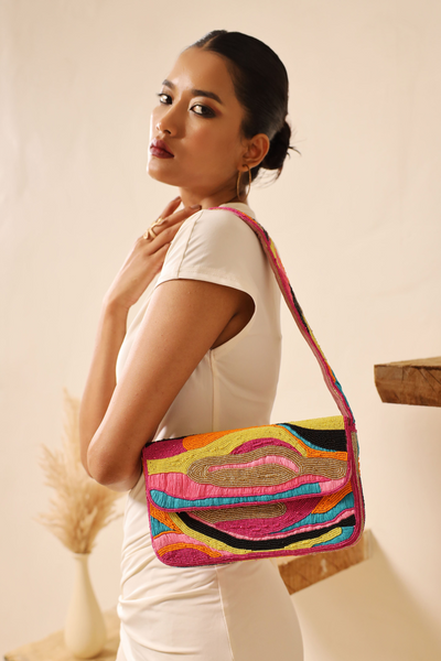 The Tan Clan Aster Mulitcolor Baguette Bag with Handle Sling Indian Designer Wear Gifting Melange Singapore Womenswear Online Shopping