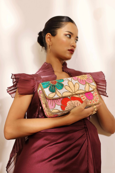 The Tan Clan Daisy Floral Baguette Bag with Handle Melange Singapore Online Shopping Indian Designer Wear Gifting Womenswear