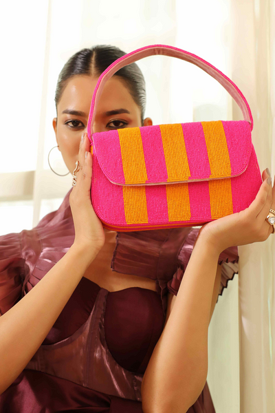 The Tan Clan Stripe Orange Pink Baguette Bag with Handle Melange Singapore Online Shopping Gifting Womenswear