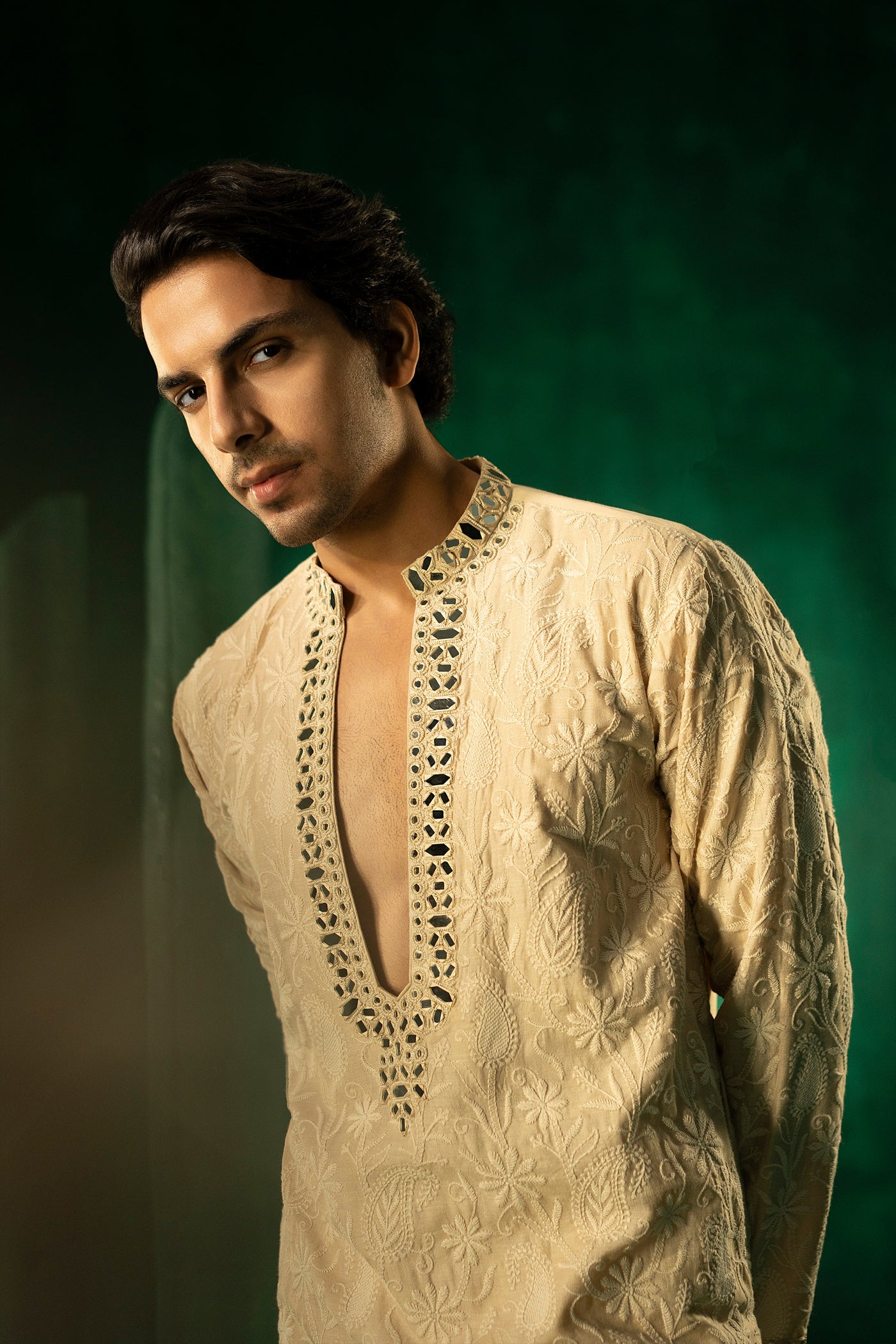 Twenty Nine Beige Chikankari Mirror Embellished Afghani Kurta Set indian designer wear online shopping melange singapore