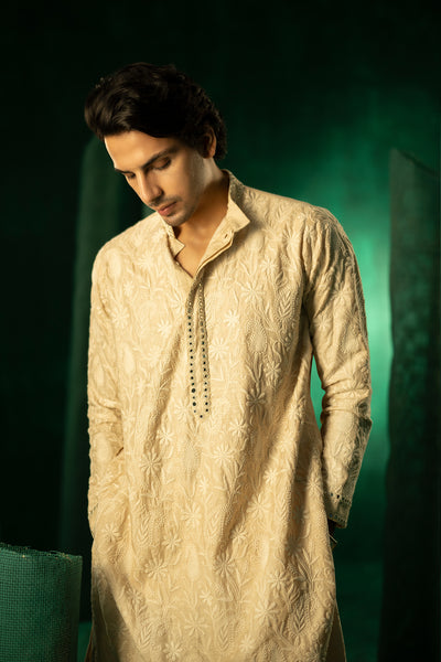 Twenty Nine Beige Chikankari Mirror Embellished Kurta Set indian designer wear online shopping melange singapore