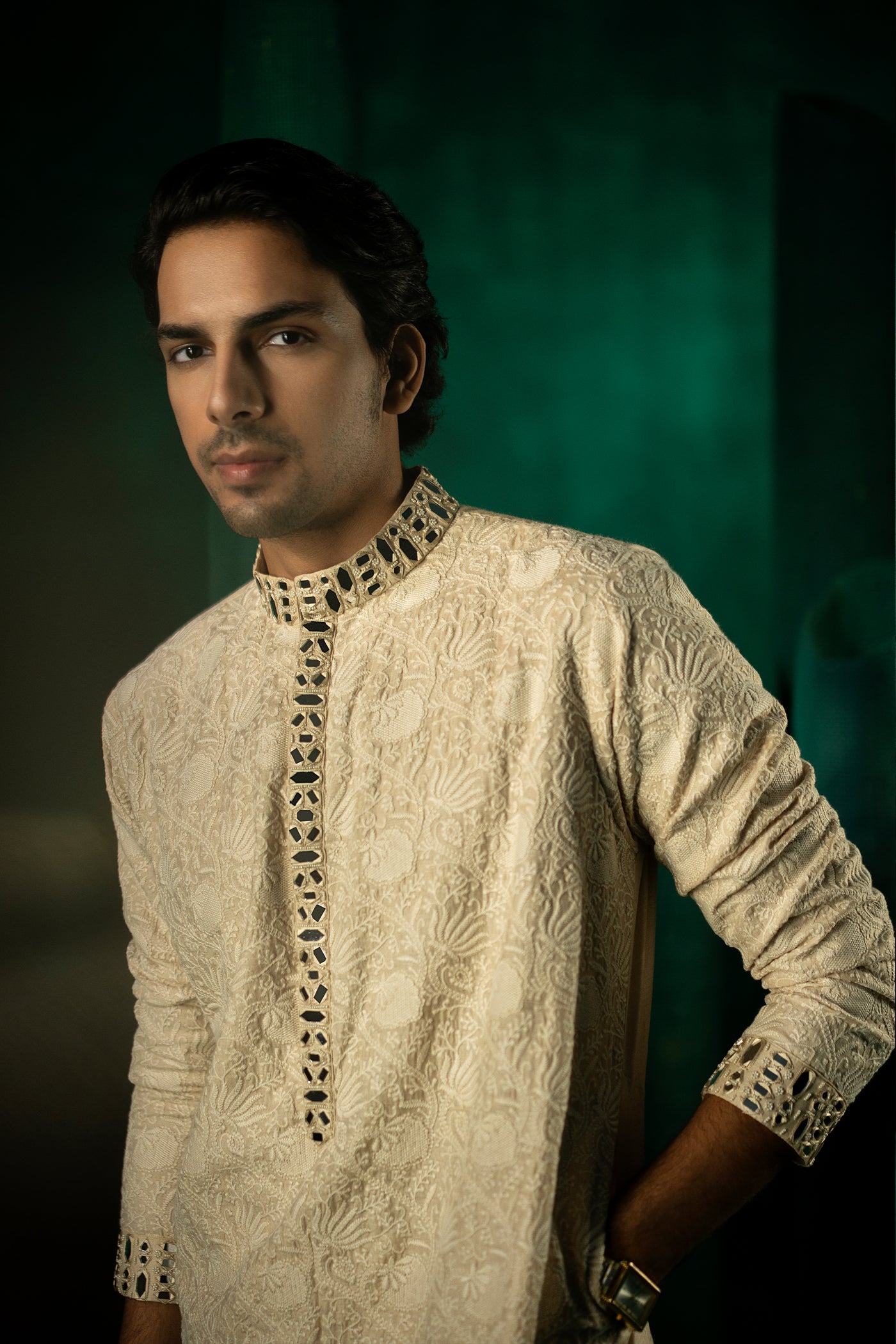 Twenty Nine Beige Jaaliwork Chikankari Mirror Embellished Kurta Set indian designer wear online shopping melange singapore