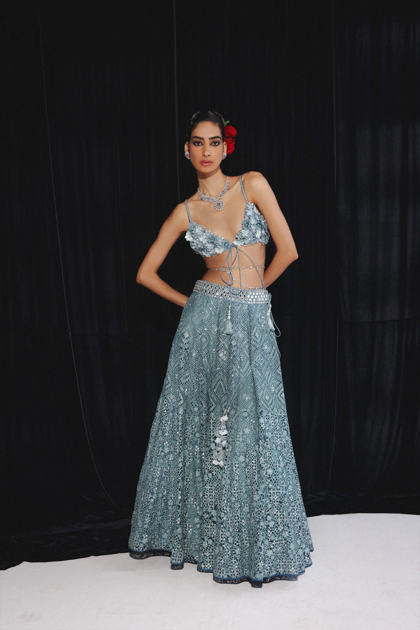 Twenty Nine Blue Lace Work Lehanga Set  indian designer wear online shopping melange singapore