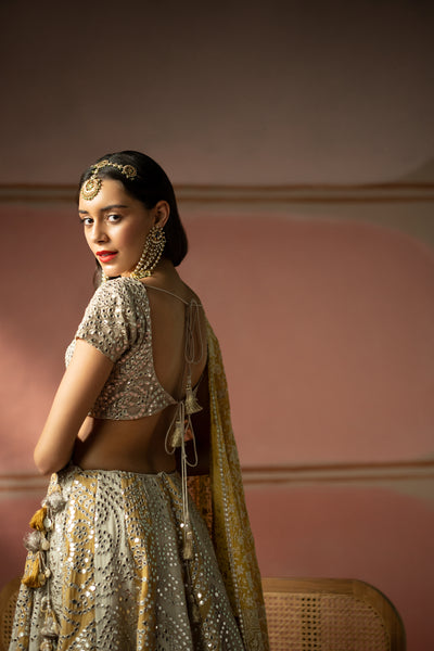 Twenty Nine Ecru Golden Yellow Mirrorwork Lehenga Set indian designer wear online shopping melange singapore