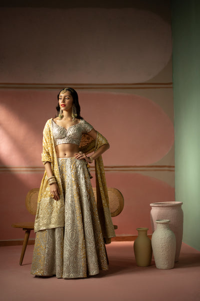 Twenty Nine Ecru Golden Yellow Mirrorwork Lehenga Set indian designer wear online shopping melange singapore
