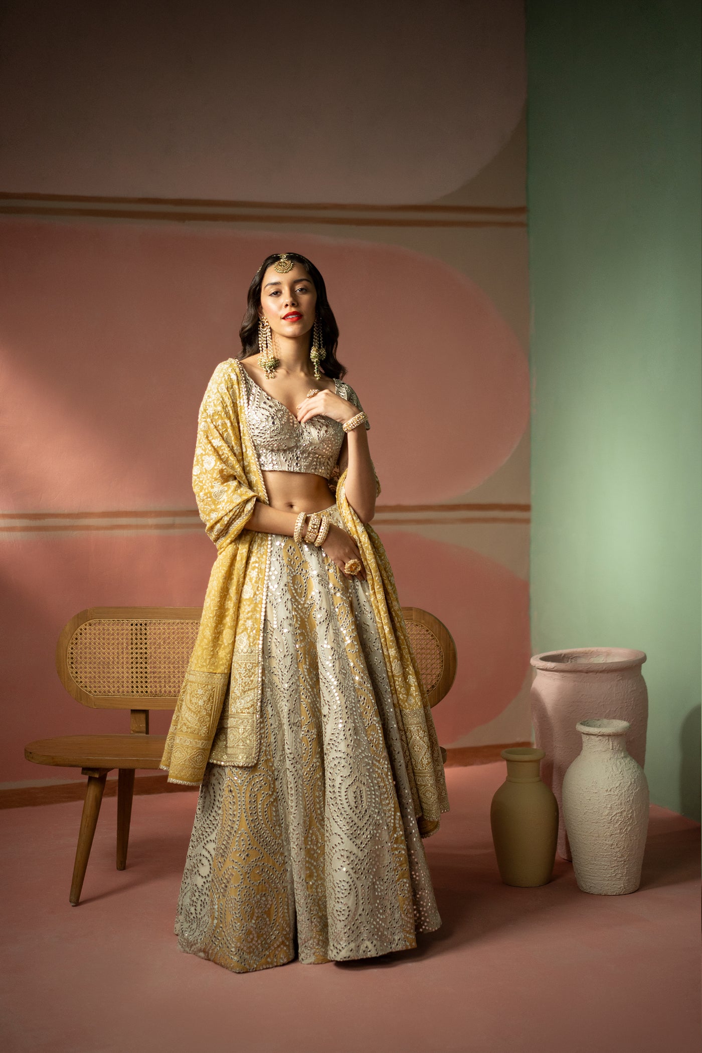 Twenty Nine Ecru Golden Yellow Mirrorwork Lehenga Set indian designer wear online shopping melange singapore