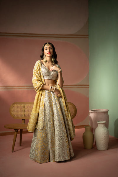 Twenty Nine Ecru Golden Yellow Mirrorwork Lehenga Set indian designer wear online shopping melange singapore